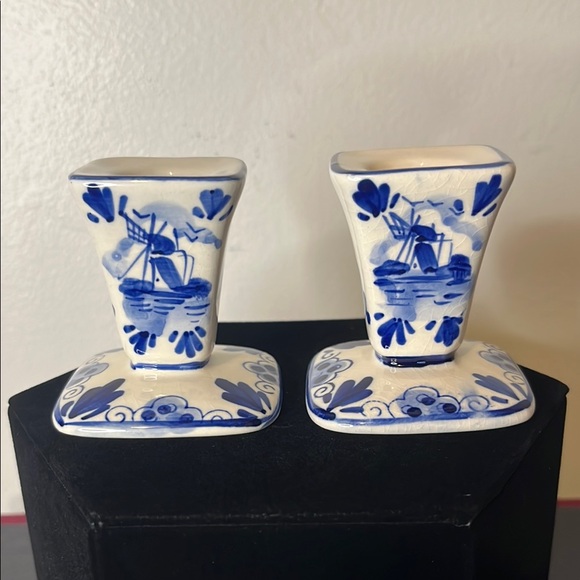 Delft Other - Vintage Delft Blue Windmill Floral Pair of Taper Candlestick Holders